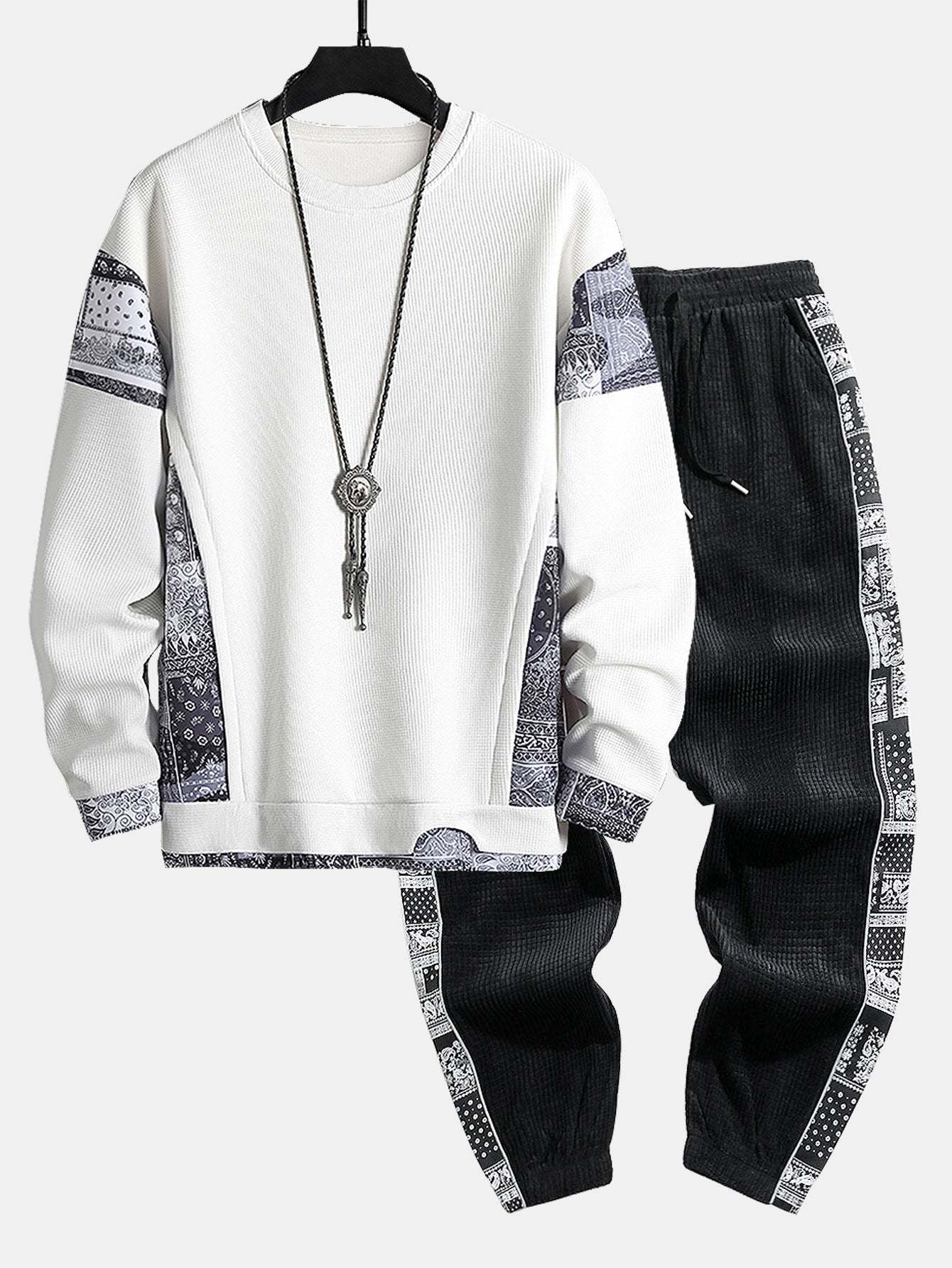 Paisley Print Panel Waffle Sweatshirt & Corduroy Paisley Print Panel Pants-Mitchell Shoes
