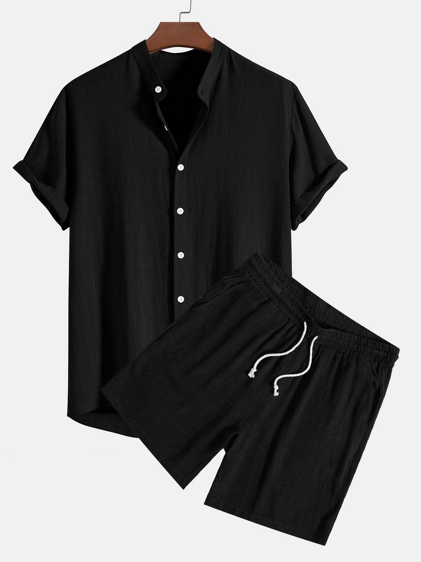 Linen And Rayon Blend Stand Collar Shirt & Shorts-Mitchell Shoes