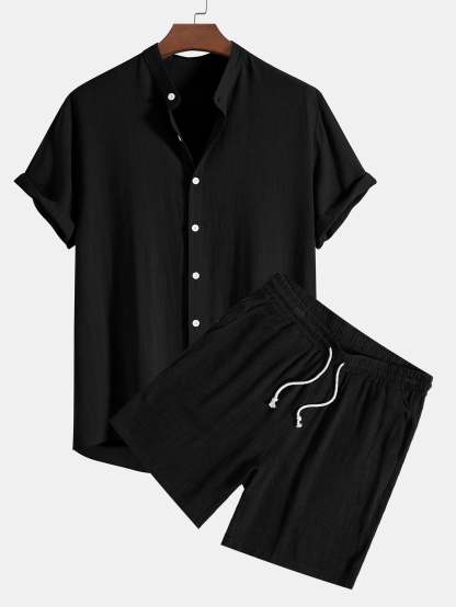 Linen And Rayon Blend Stand Collar Shirt & Shorts-Mitchell Shoes