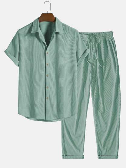 Corduroy Button Up Short Sleeved Shirt & Straight Leg Corduroy Pants-Mitchell Shoes