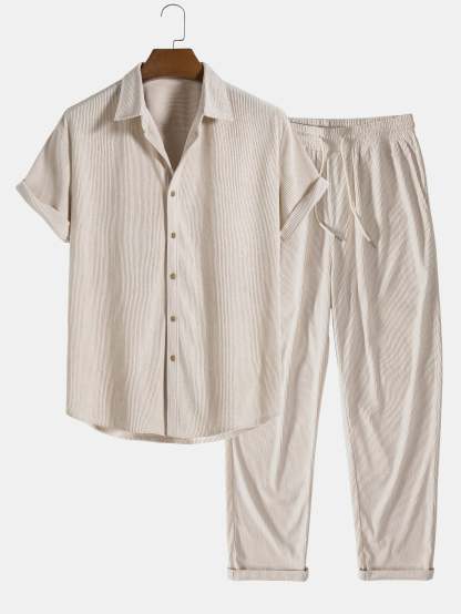 Corduroy Button Up Short Sleeved Shirt & Straight Leg Corduroy Pants-Mitchell Shoes