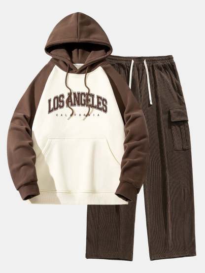 Los Angeles Print Pactchwork Raglan Hoodie & Loose Fit Corduroy Cargo Pants-Mitchell Shoes