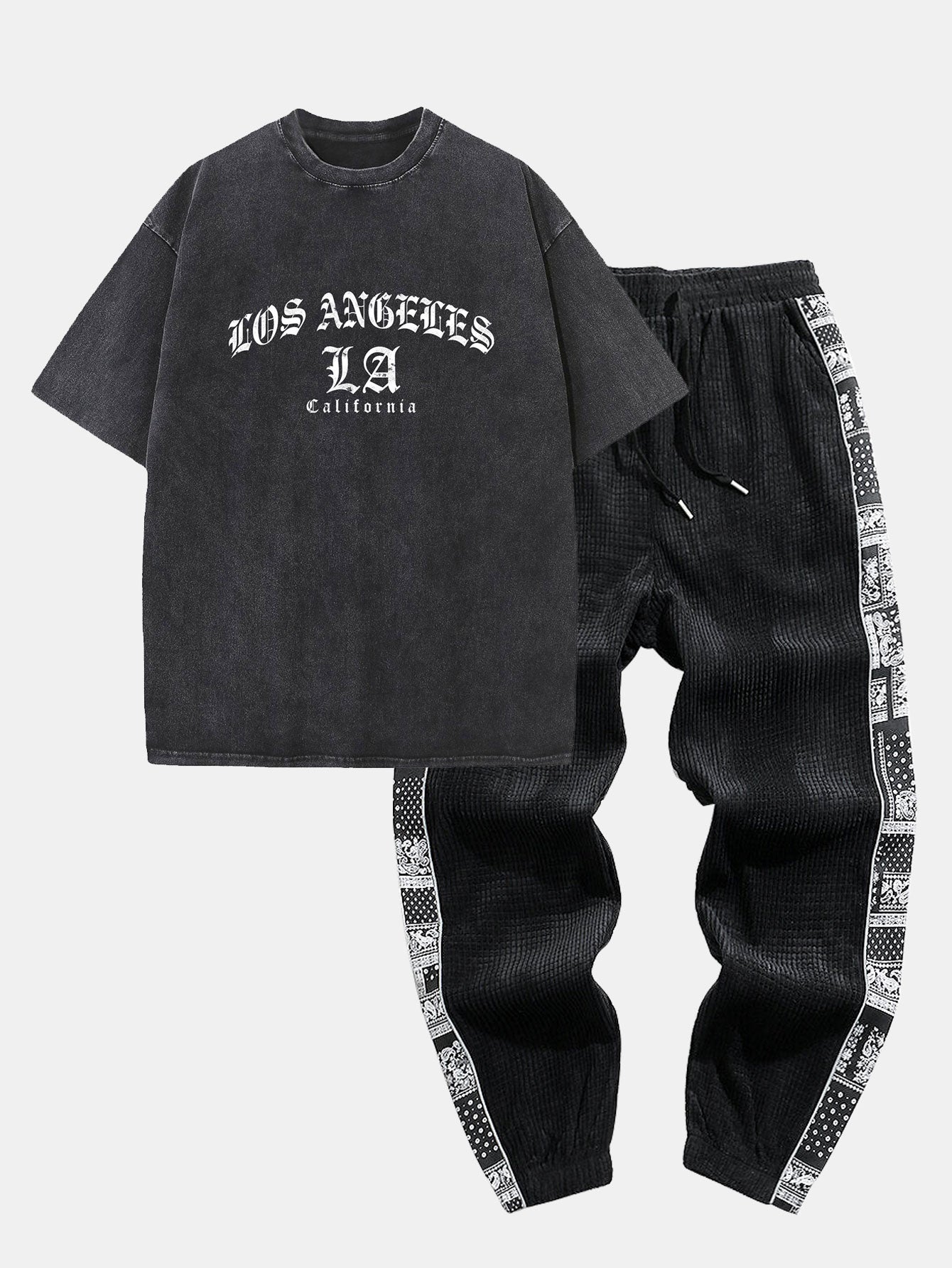 Gothic Los Angeles Print Washed Distressed Drop Shoulder T-Shirt & Corduroy Paisley Print Panel Pants-Mitchell Shoes