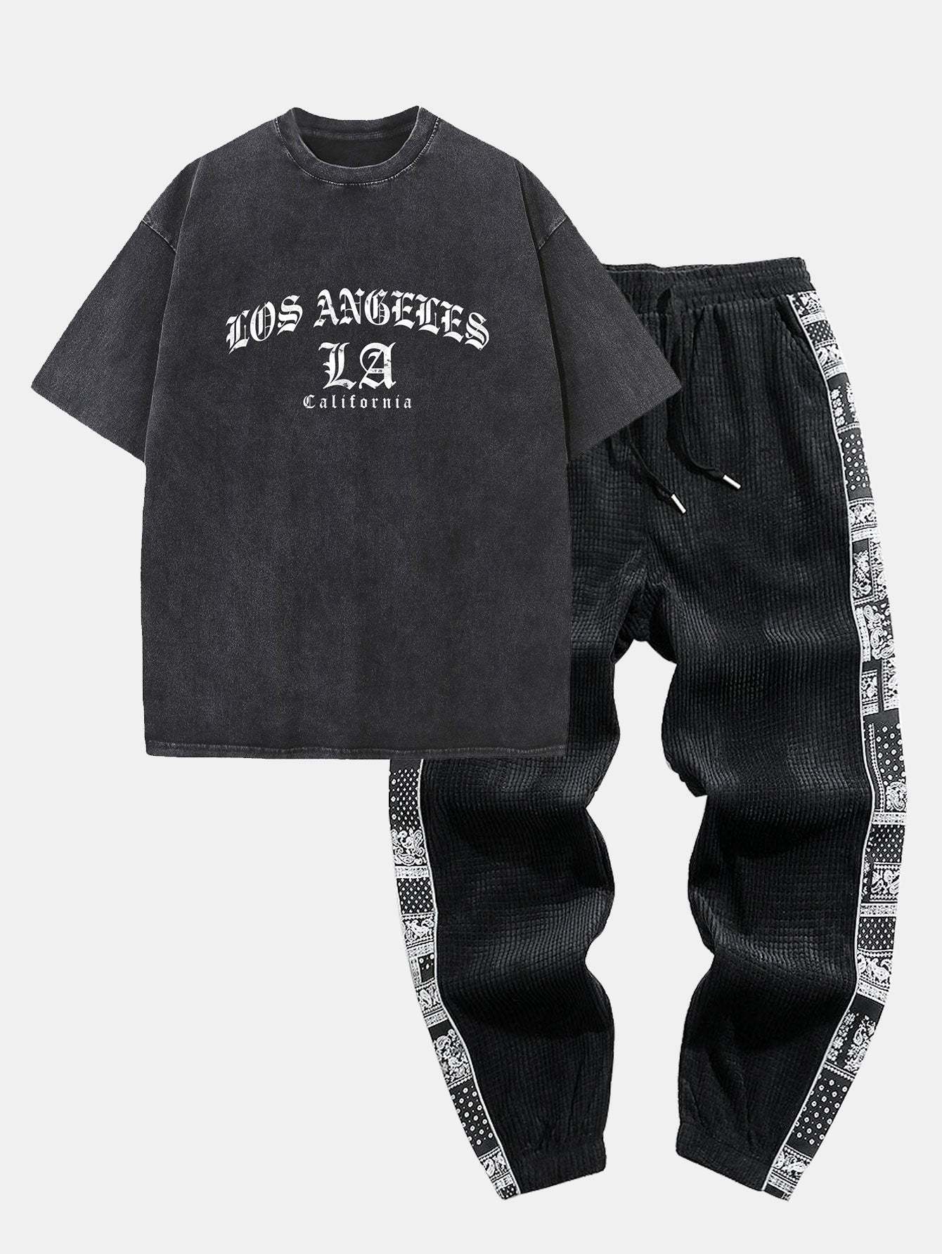 Gothic Los Angeles Print Washed Distressed Drop Shoulder T-Shirt & Corduroy Paisley Print Panel Pants-Mitchell Shoes