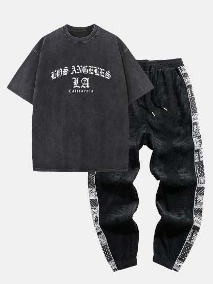 Gothic Los Angeles Print Washed Distressed Drop Shoulder T-Shirt & Corduroy Paisley Print Panel Pants-Mitchell Shoes