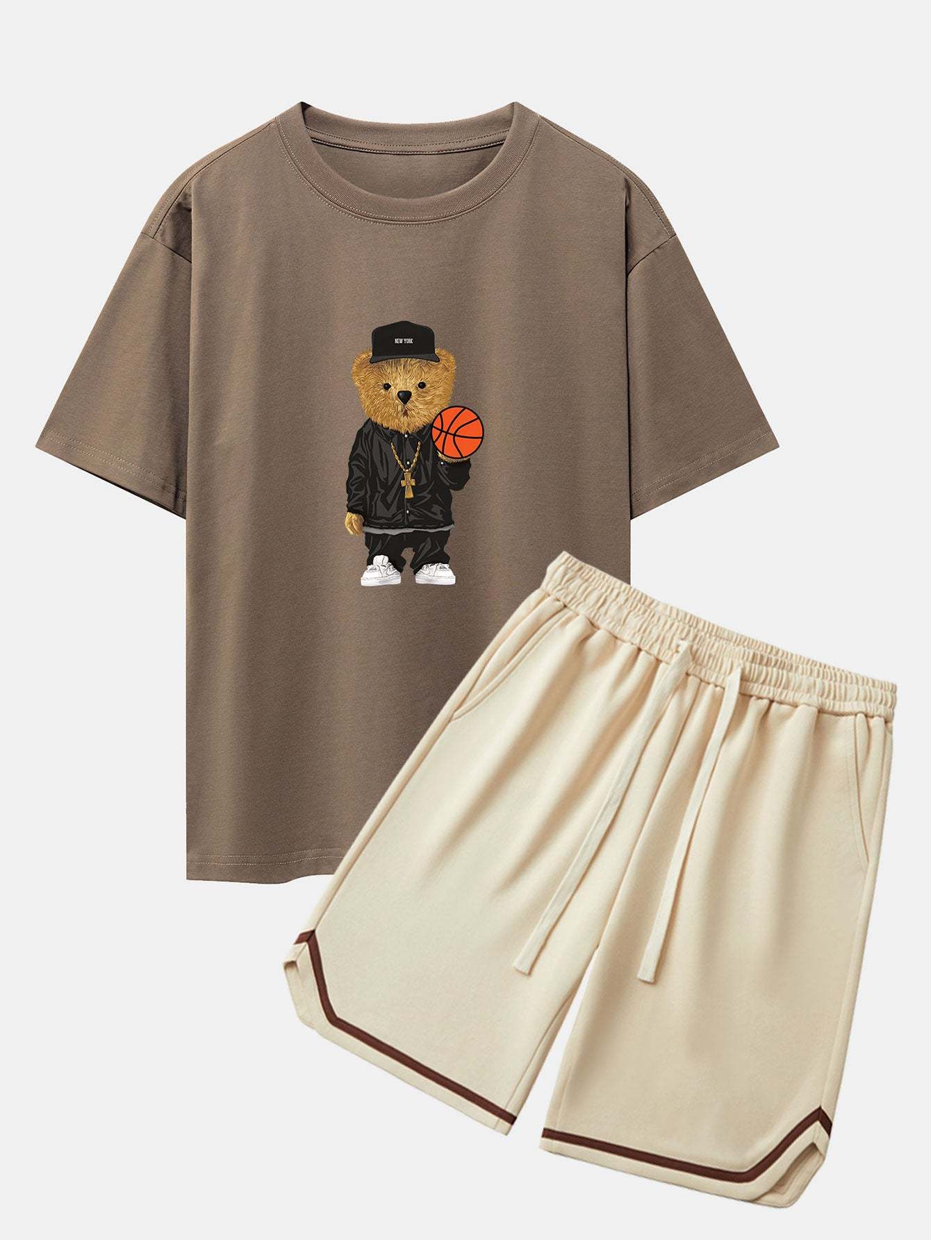 Basketball Bear Print Drop Shoulder Oversize T-Shirt & Jersey Basketball Shorts-Mitchell Shoes