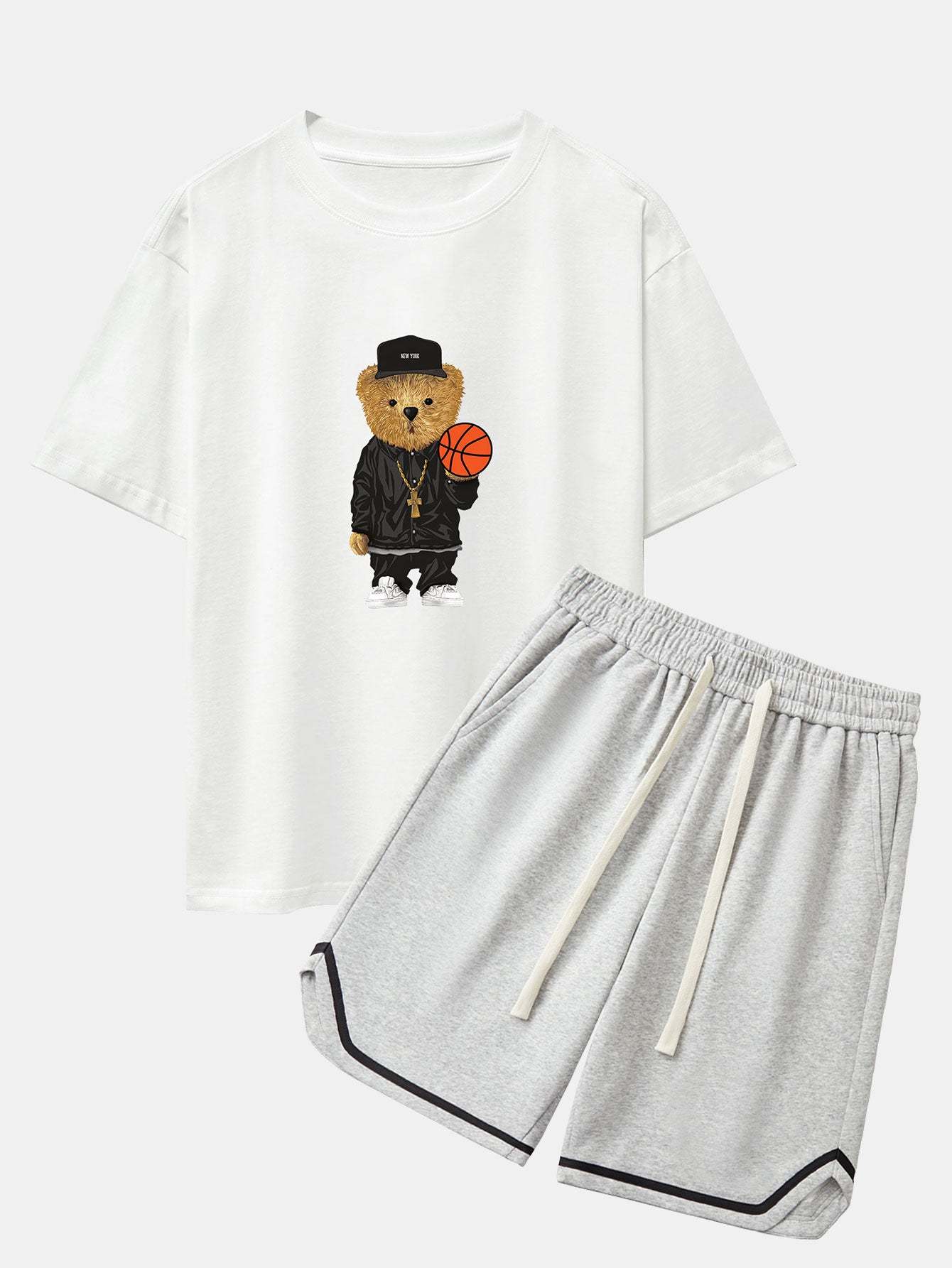 Basketball Bear Print Drop Shoulder Oversize T-Shirt & Jersey Basketball Shorts-Mitchell Shoes