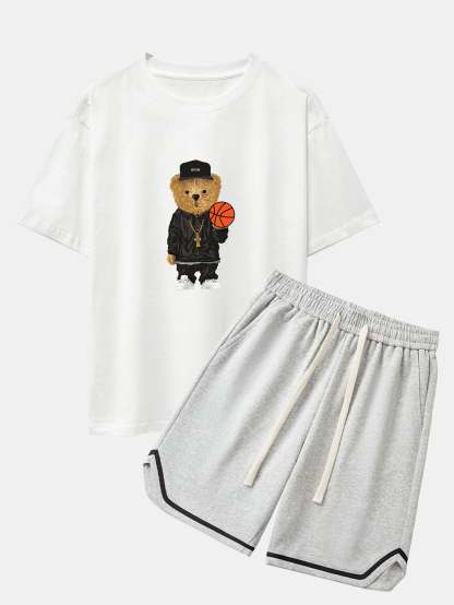 Basketball Bear Print Drop Shoulder Oversize T-Shirt & Jersey Basketball Shorts-Mitchell Shoes