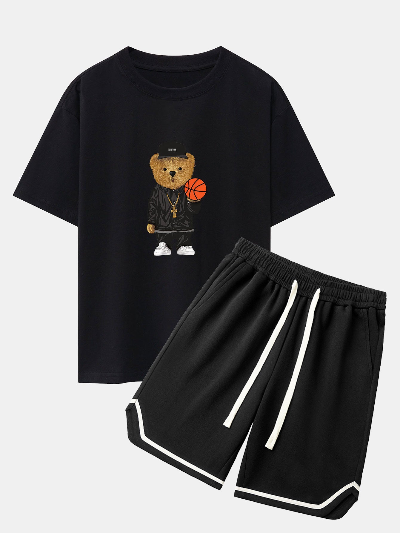 Basketball Bear Print Drop Shoulder Oversize T-Shirt & Jersey Basketball Shorts-Mitchell Shoes
