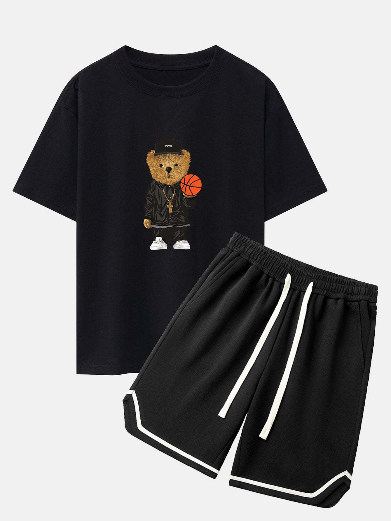 Basketball Bear Print Drop Shoulder Oversize T-Shirt & Jersey Basketball Shorts-Mitchell Shoes