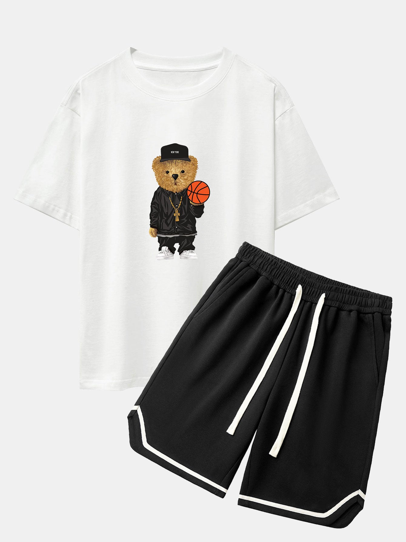 Basketball Bear Print Drop Shoulder Oversize T-Shirt & Jersey Basketball Shorts-Mitchell Shoes