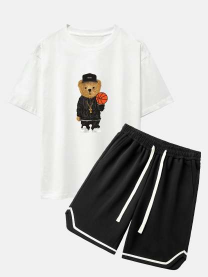 Basketball Bear Print Drop Shoulder Oversize T-Shirt & Jersey Basketball Shorts-Mitchell Shoes
