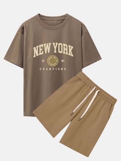 New York Varsity Print Heavy Weight Oversize T-Shirt & Jersey Shorts-Mitchell Shoes