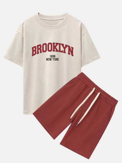 Brooklyn Print Drop Shoulder Oversize T-Shirt & Jersey Shorts-Mitchell Shoes