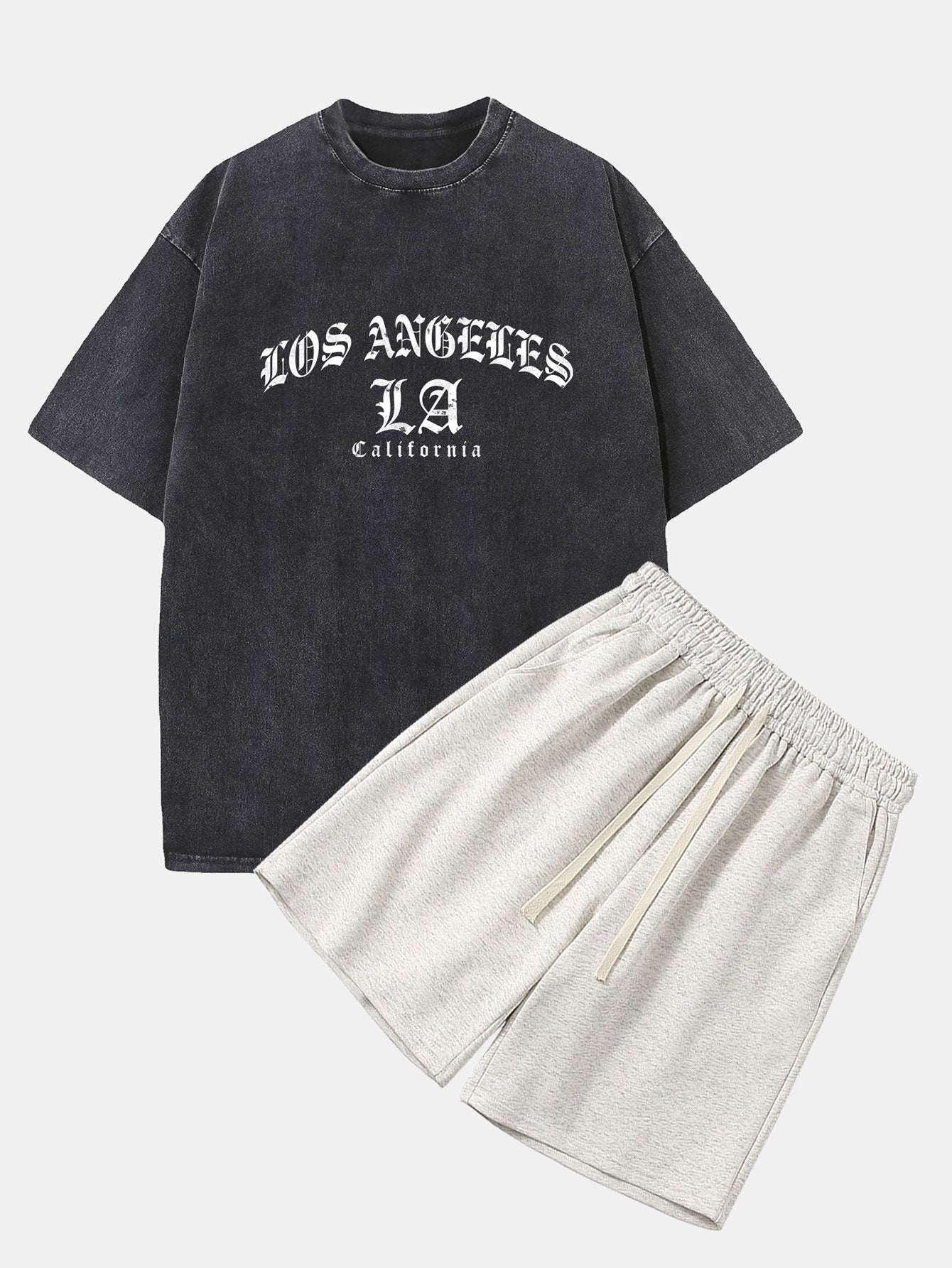 Gothic Los Angeles Print Washed Distressed Drop Shoulder T-Shirt & Jersey Shorts-Mitchell Shoes
