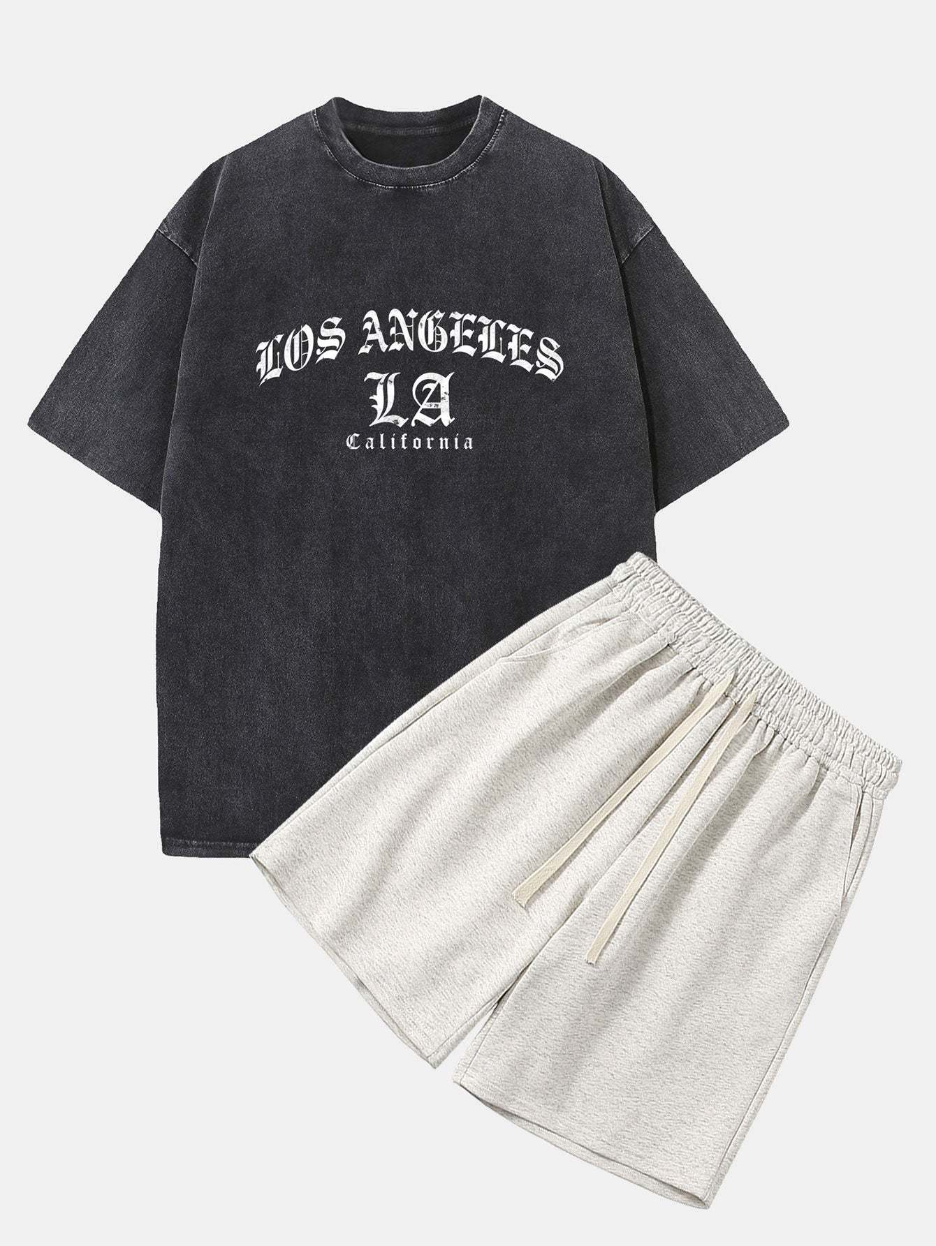 Gothic Los Angeles Print Washed Distressed Drop Shoulder T-Shirt & Jersey Shorts-Mitchell Shoes