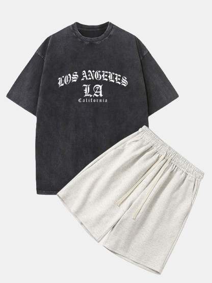 Gothic Los Angeles Print Washed Distressed Drop Shoulder T-Shirt & Jersey Shorts-Mitchell Shoes