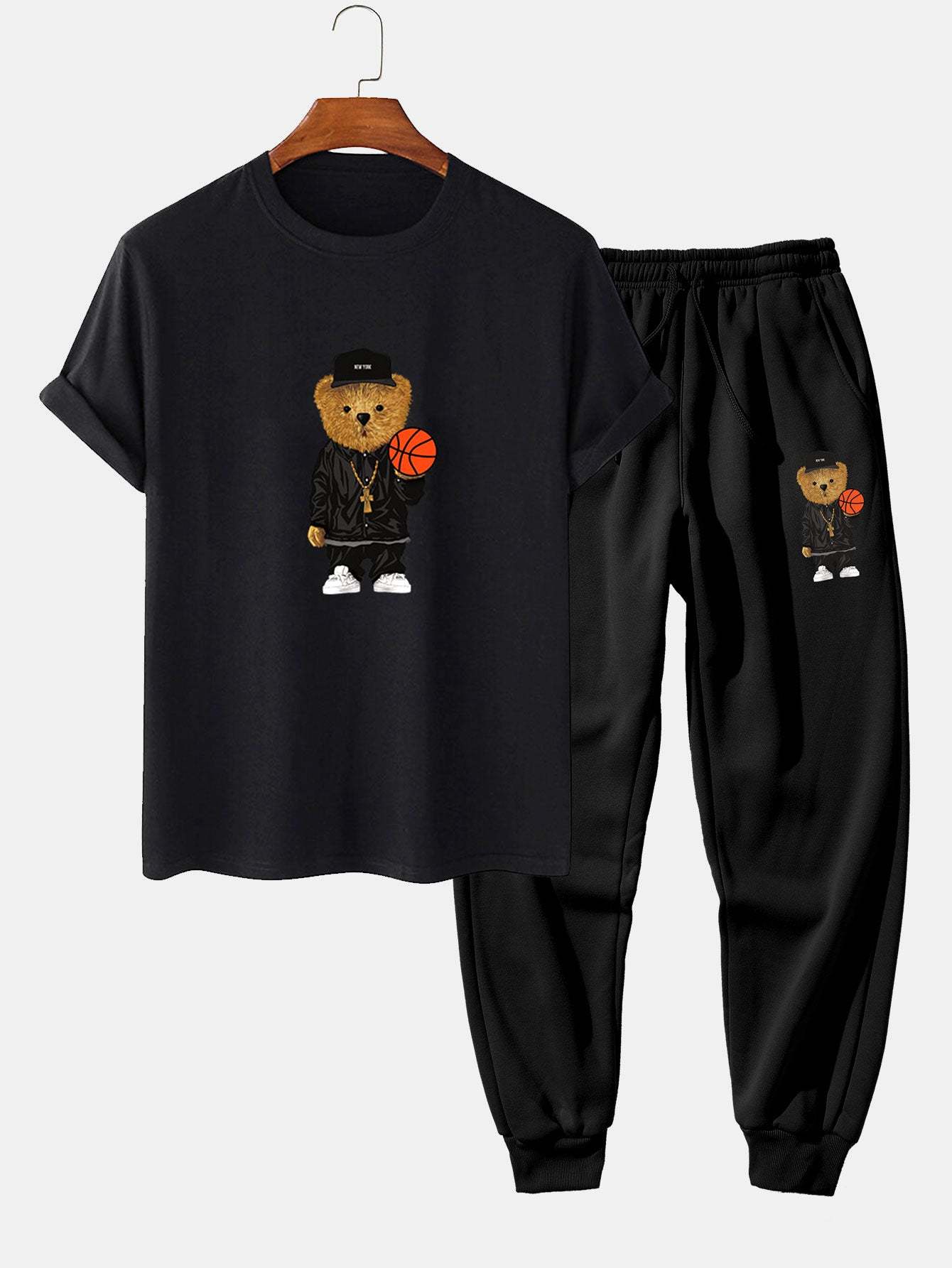 Basketball Bear Print T-Shirt & Jogger Pants-Mitchell Shoes