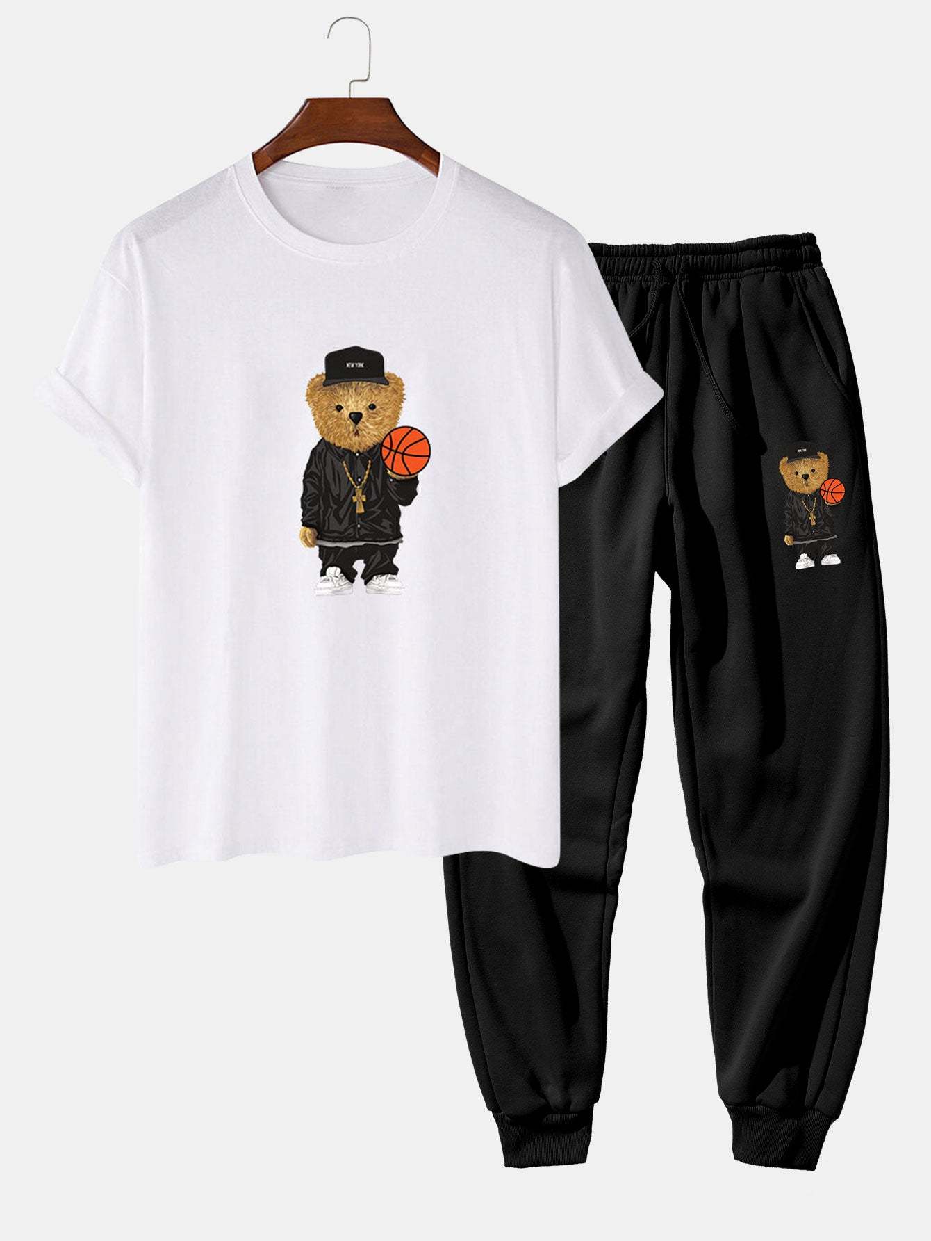 Basketball Bear Print T-Shirt & Jogger Pants-Mitchell Shoes