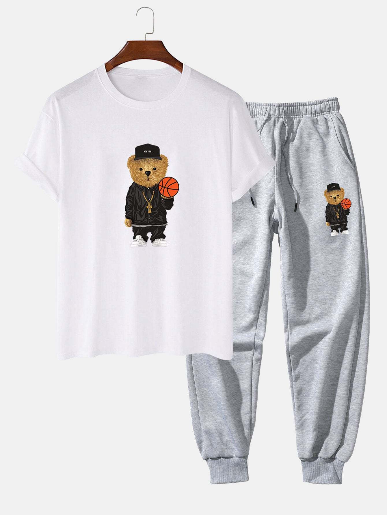 Basketball Bear Print T-Shirt & Jogger Pants-Mitchell Shoes