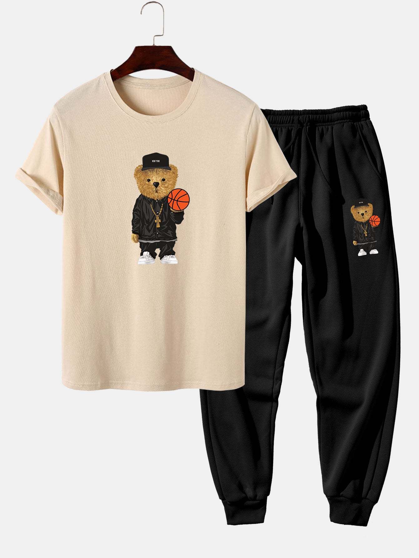 Basketball Bear Print T-Shirt & Jogger Pants-Mitchell Shoes