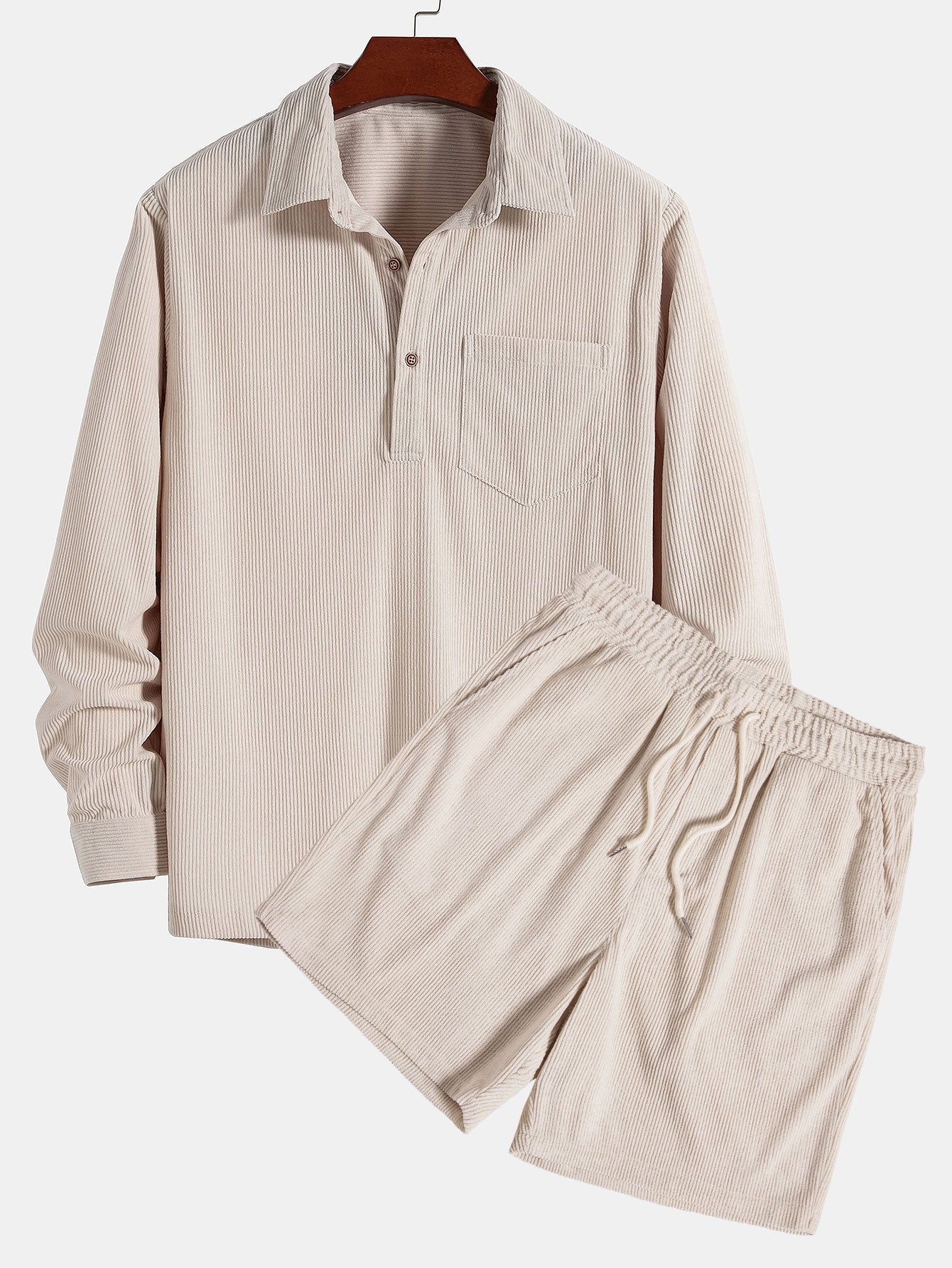 Long Sleeve Polo Collar Corduroy Shirt & Shorts-Mitchell Shoes