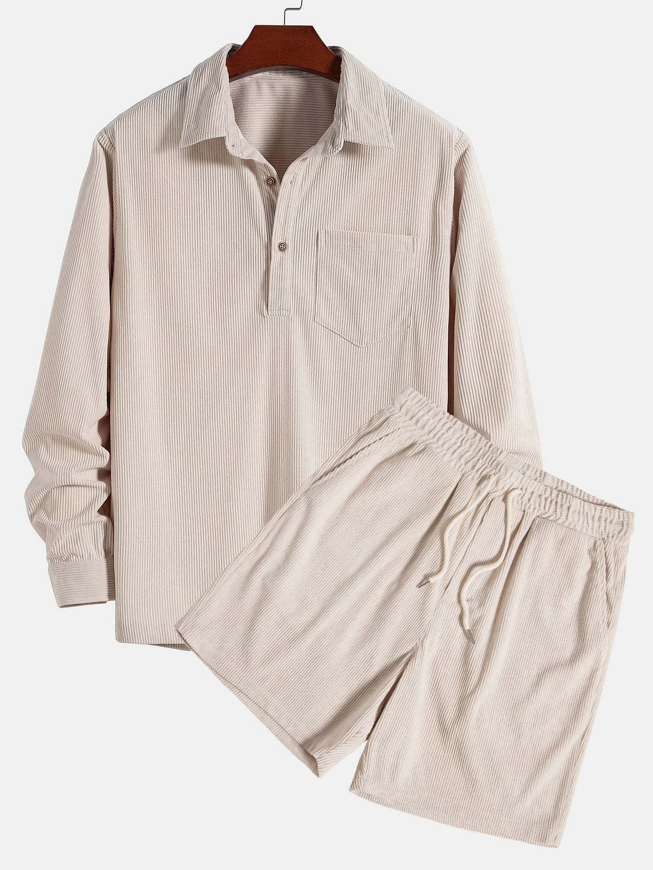 Long Sleeve Polo Collar Corduroy Shirt & Shorts-Mitchell Shoes