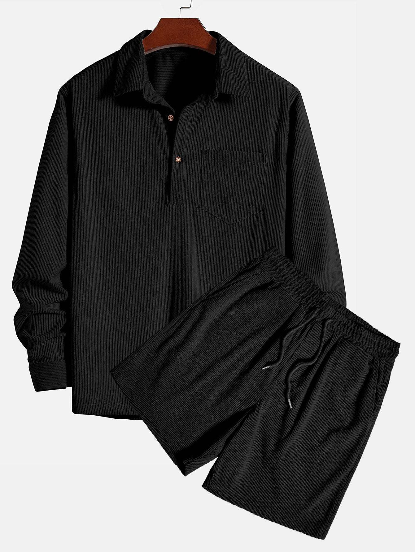 Long Sleeve Polo Collar Corduroy Shirt & Shorts-Mitchell Shoes