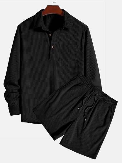 Long Sleeve Polo Collar Corduroy Shirt & Shorts-Mitchell Shoes
