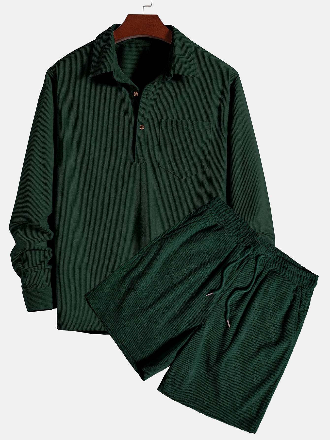 Long Sleeve Polo Collar Corduroy Shirt & Shorts-Mitchell Shoes