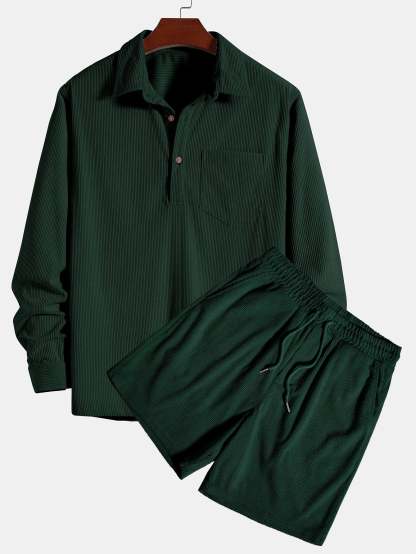 Long Sleeve Polo Collar Corduroy Shirt & Shorts-Mitchell Shoes