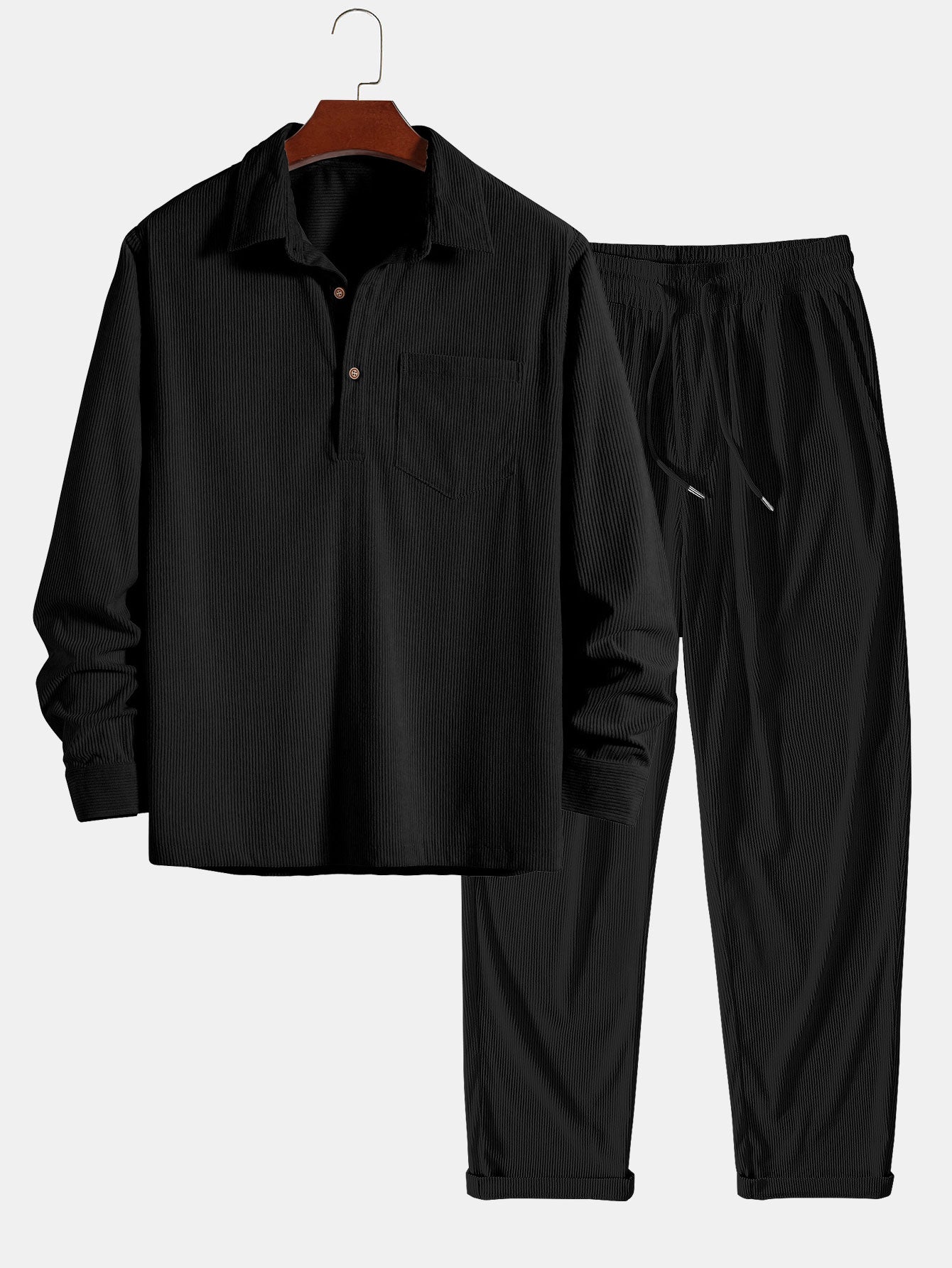Long Sleeve Polo Collar Corduroy Shirt & Straight Leg Corduroy Pants-Mitchell Shoes