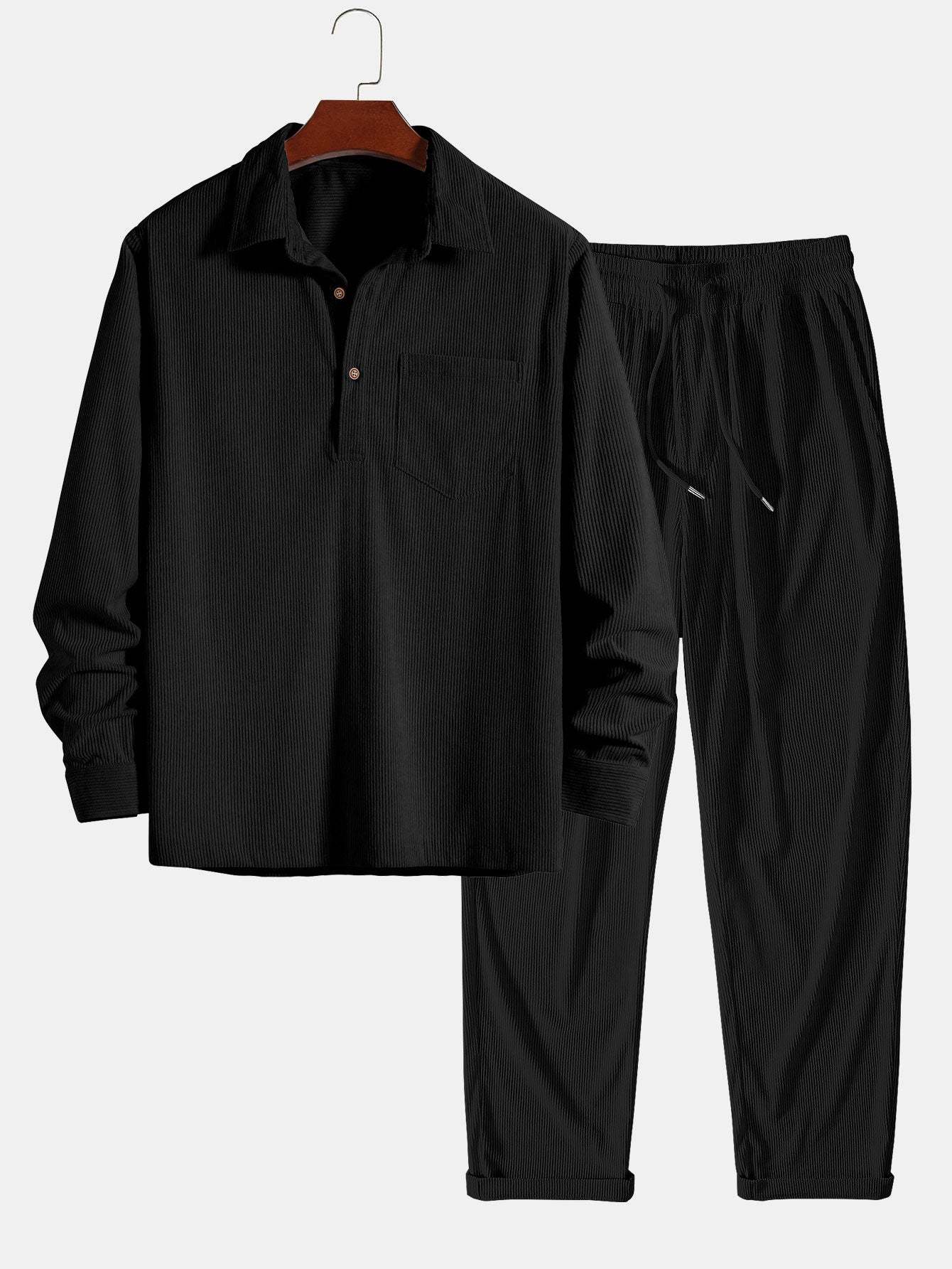 Long Sleeve Polo Collar Corduroy Shirt & Straight Leg Corduroy Pants-Mitchell Shoes