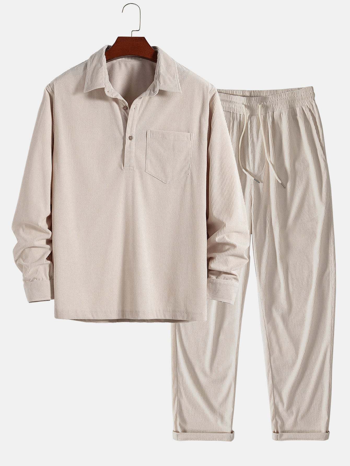 Long Sleeve Polo Collar Corduroy Shirt & Straight Leg Corduroy Pants-Mitchell Shoes