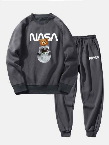 NASA Bear Print Raglan Sleeves Sweatshirt & NASA Print Jogger Pants-Mitchell Shoes