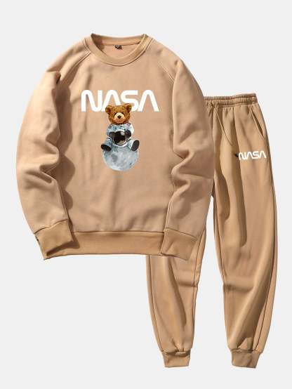 NASA Bear Print Raglan Sleeves Sweatshirt & NASA Print Jogger Pants-Mitchell Shoes