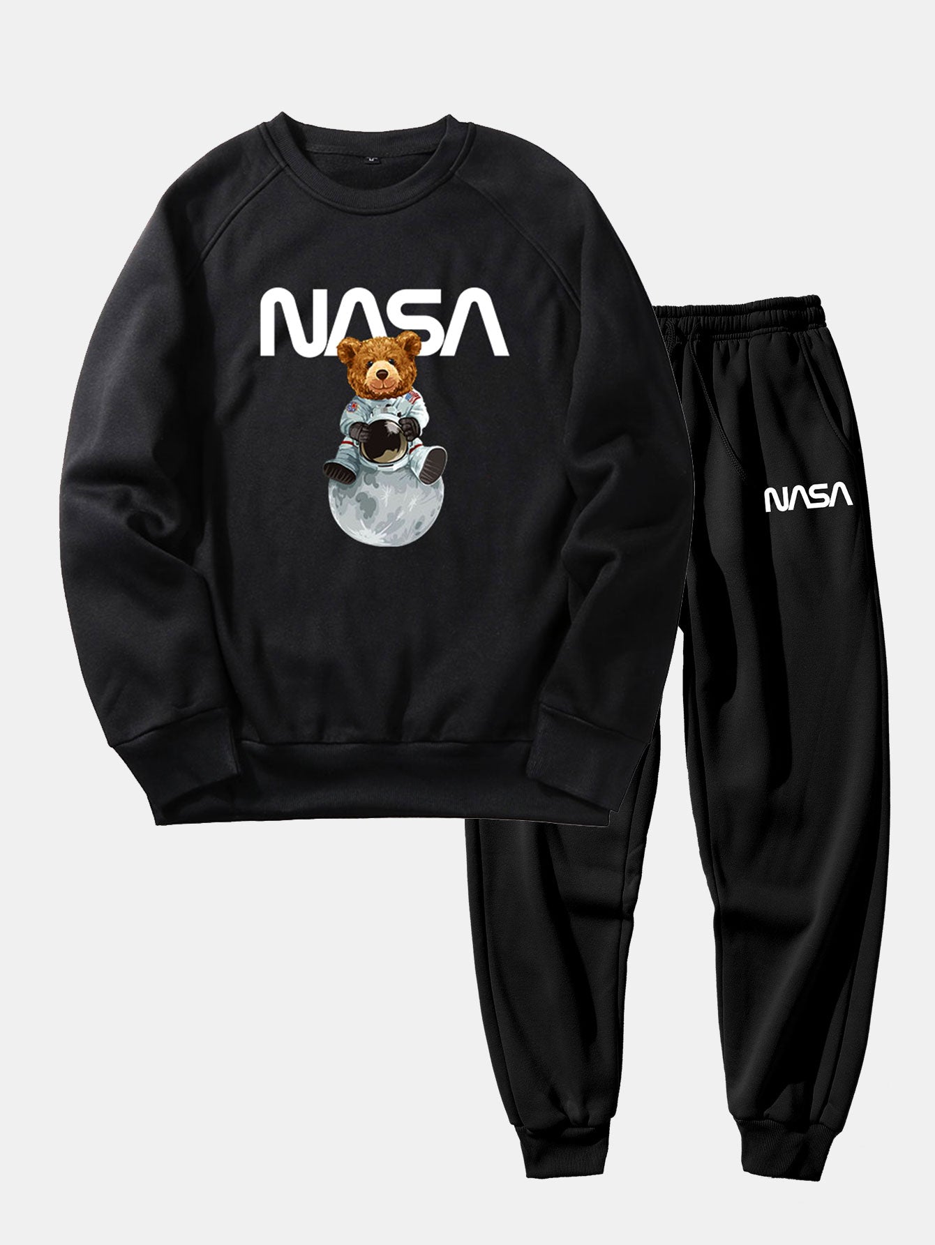 NASA Bear Print Raglan Sleeves Sweatshirt & NASA Print Jogger Pants-Mitchell Shoes