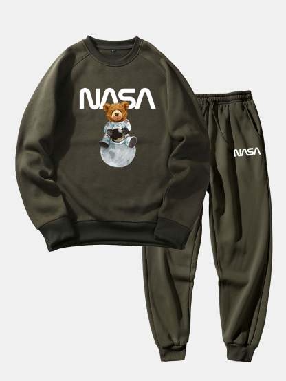 NASA Bear Print Raglan Sleeves Sweatshirt & NASA Print Jogger Pants-Mitchell Shoes