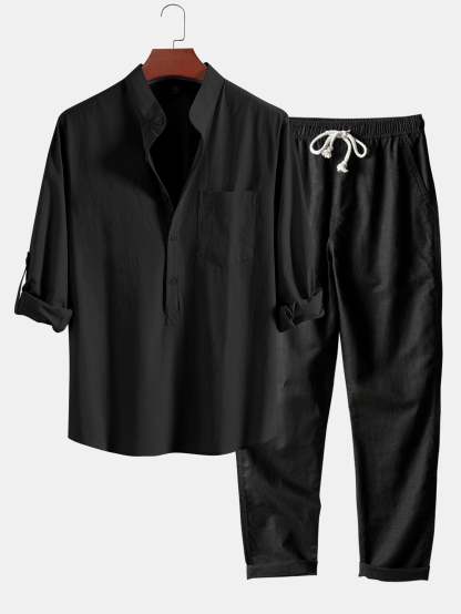 Long Sleeve Linen Look Henley Collar Shirt & Straight Leg Linen Pants-Mitchell Shoes