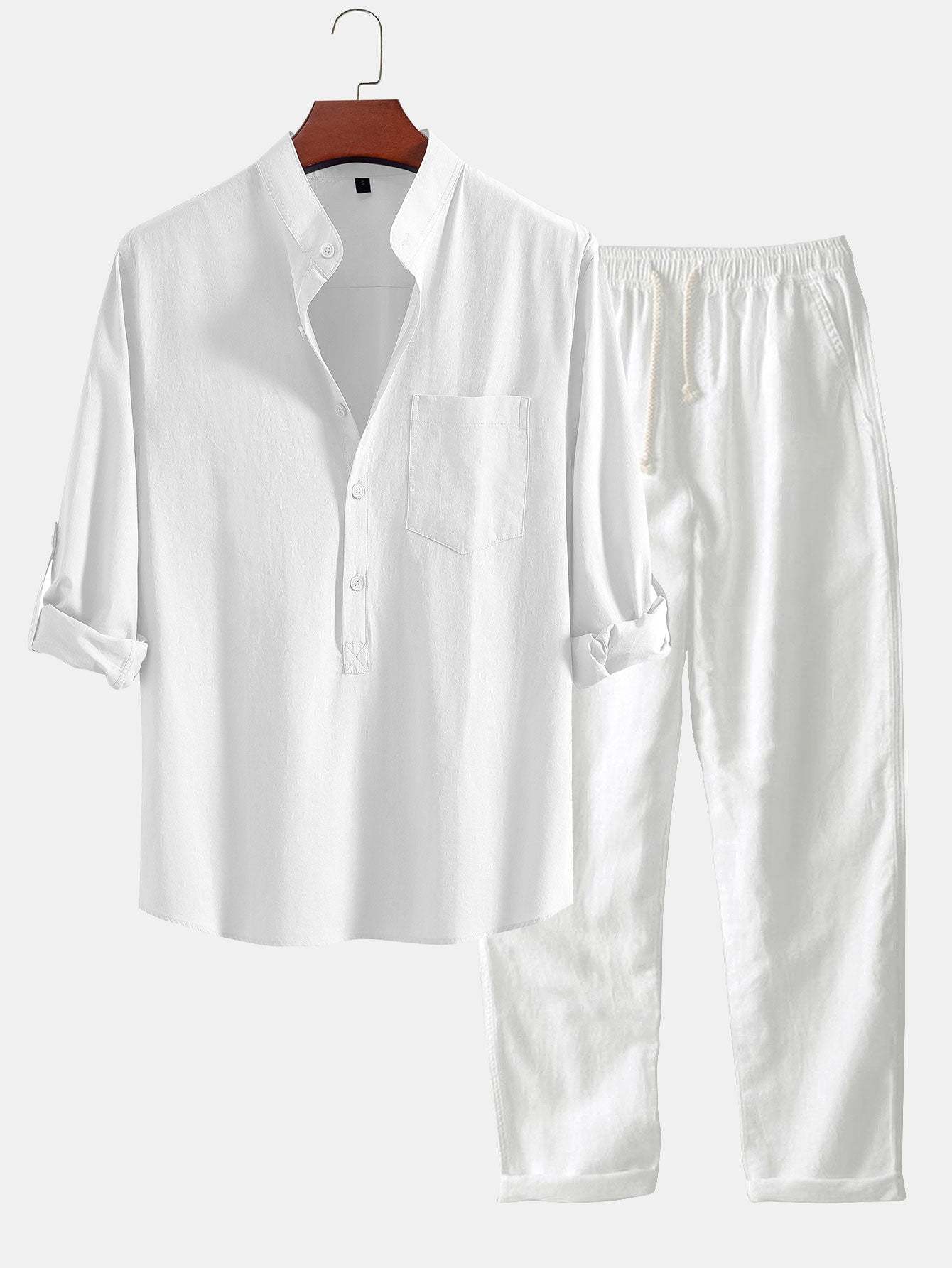 Long Sleeve Linen Look Henley Collar Shirt & Straight Leg Linen Pants-Mitchell Shoes