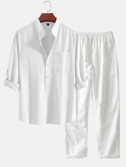 Long Sleeve Linen Look Henley Collar Shirt & Straight Leg Linen Pants-Mitchell Shoes