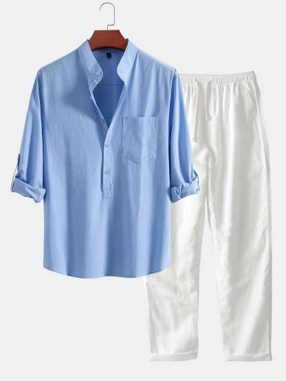 Long Sleeve Linen Look Henley Collar Shirt & Straight Leg Linen Pants-Mitchell Shoes