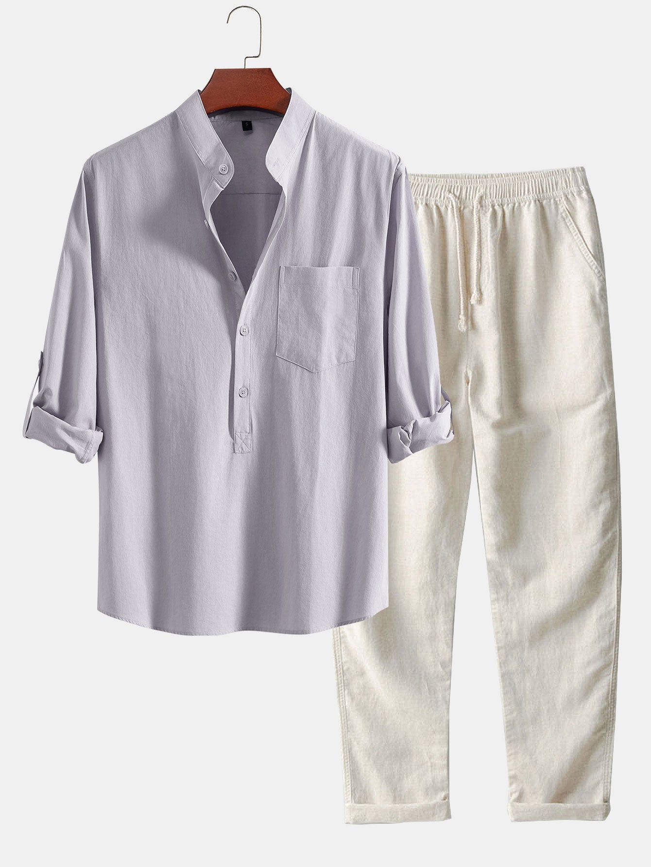 Long Sleeve Linen Look Henley Collar Shirt & Straight Leg Linen Pants-Mitchell Shoes