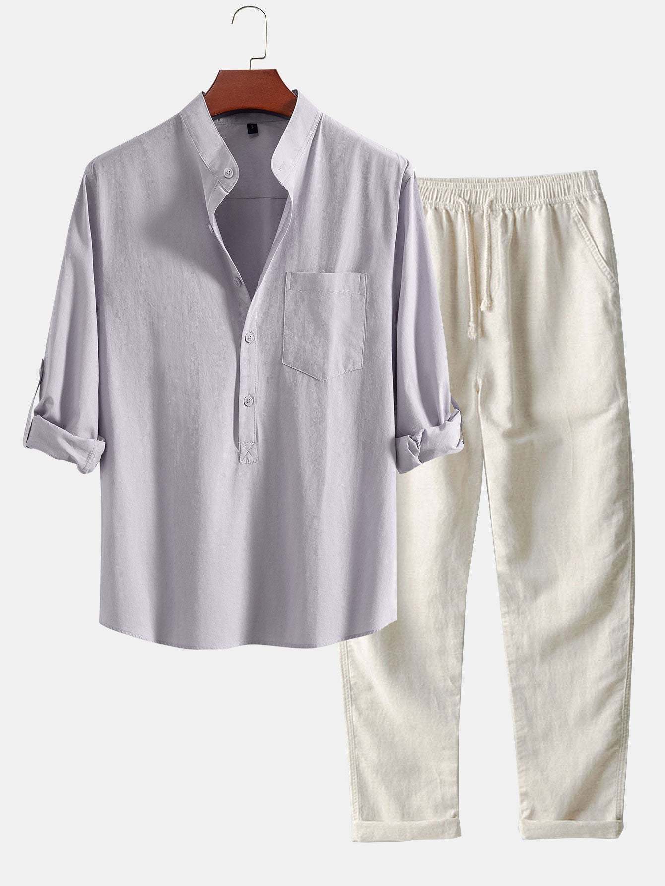 Long Sleeve Linen Look Henley Collar Shirt & Straight Leg Linen Pants-Mitchell Shoes