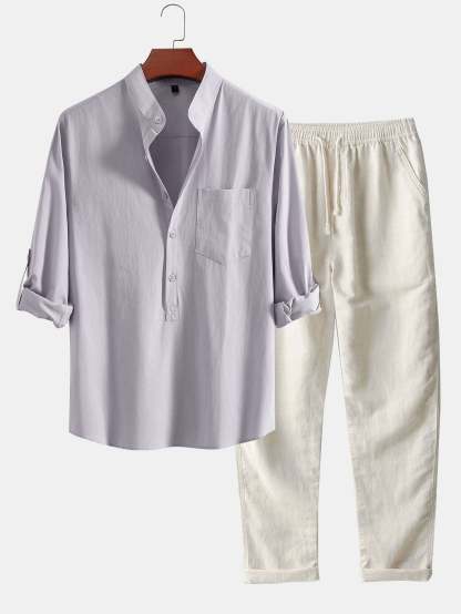 Long Sleeve Linen Look Henley Collar Shirt & Straight Leg Linen Pants-Mitchell Shoes