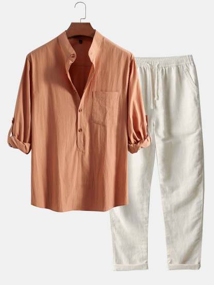 Long Sleeve Linen Look Henley Collar Shirt & Straight Leg Linen Pants-Mitchell Shoes
