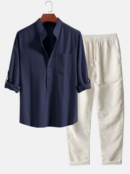 Long Sleeve Linen Look Henley Collar Shirt & Straight Leg Linen Pants-Mitchell Shoes