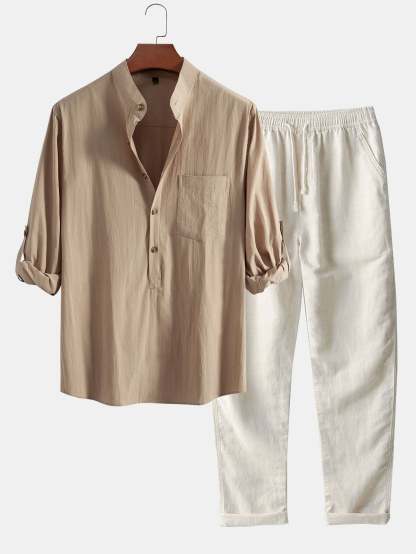Long Sleeve Linen Look Henley Collar Shirt & Straight Leg Linen Pants-Mitchell Shoes