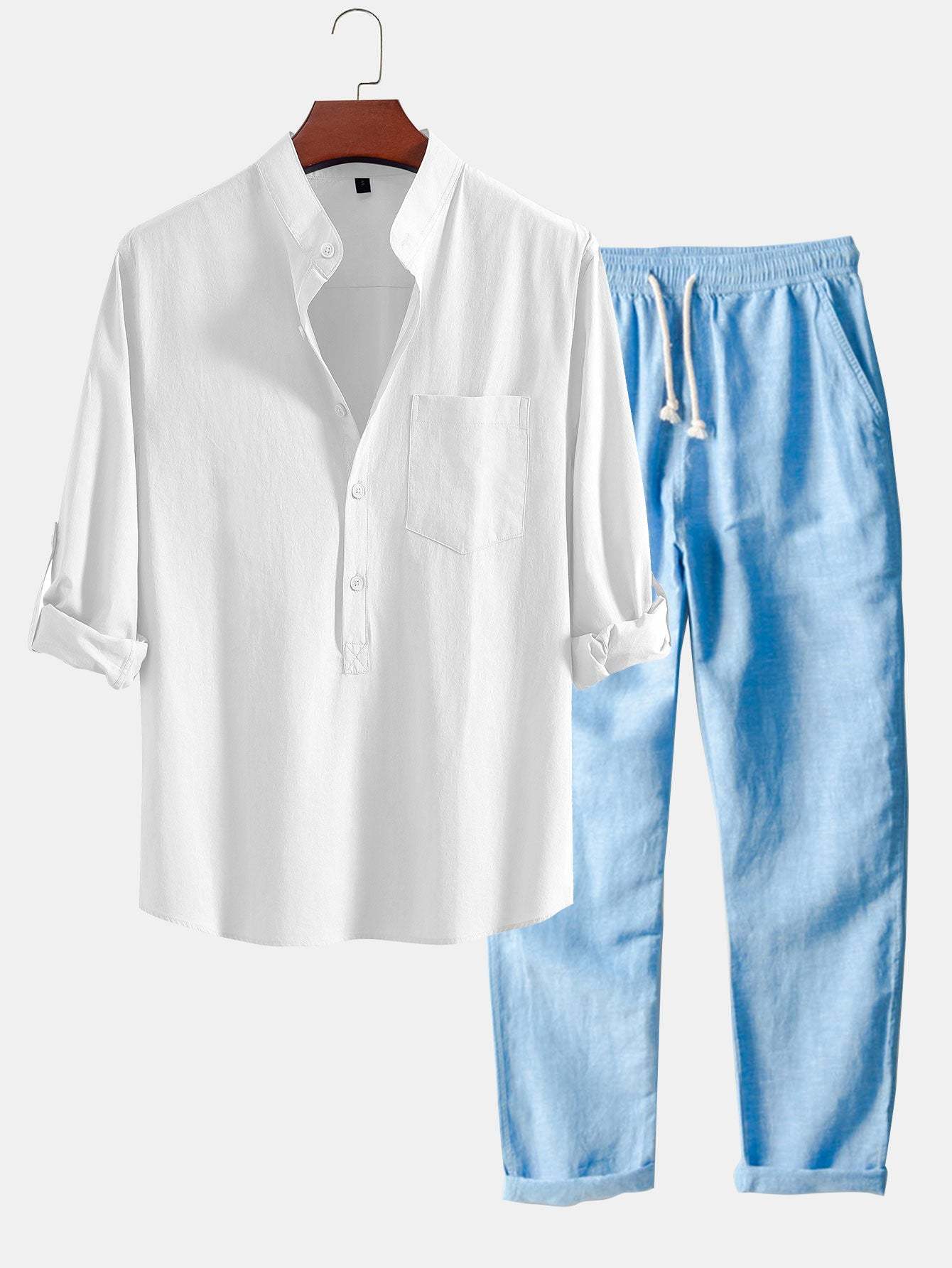 Long Sleeve Linen Look Henley Collar Shirt & Straight Leg Linen Pants-Mitchell Shoes