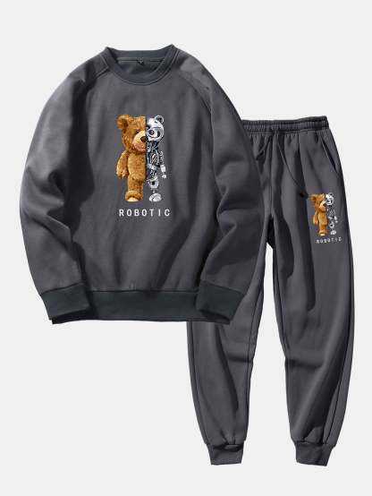 Robot Bear Print Raglan Sleeves Sweatshirt & Jogger Pants-Mitchell Shoes